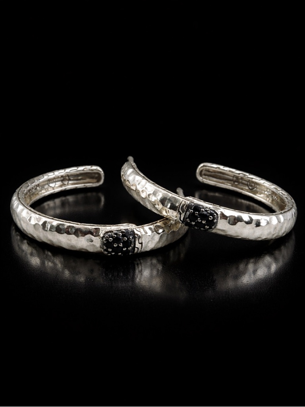 John Hardy Hammered Black Pavé Sapphire 925 Sterling Silver Hoop Earrings +Pouch